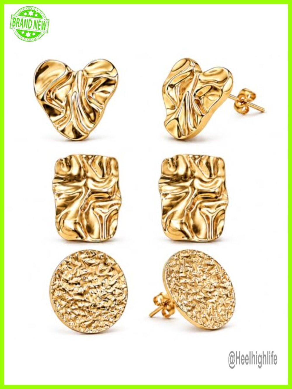 18K Gold Plated Stainless Steel Stud Earrings Set 3 Pairs Waterproof